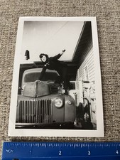 WWII Photo Woman In US Navy Uniform Goofs Off On Truck Hood Female Sailor WAVES