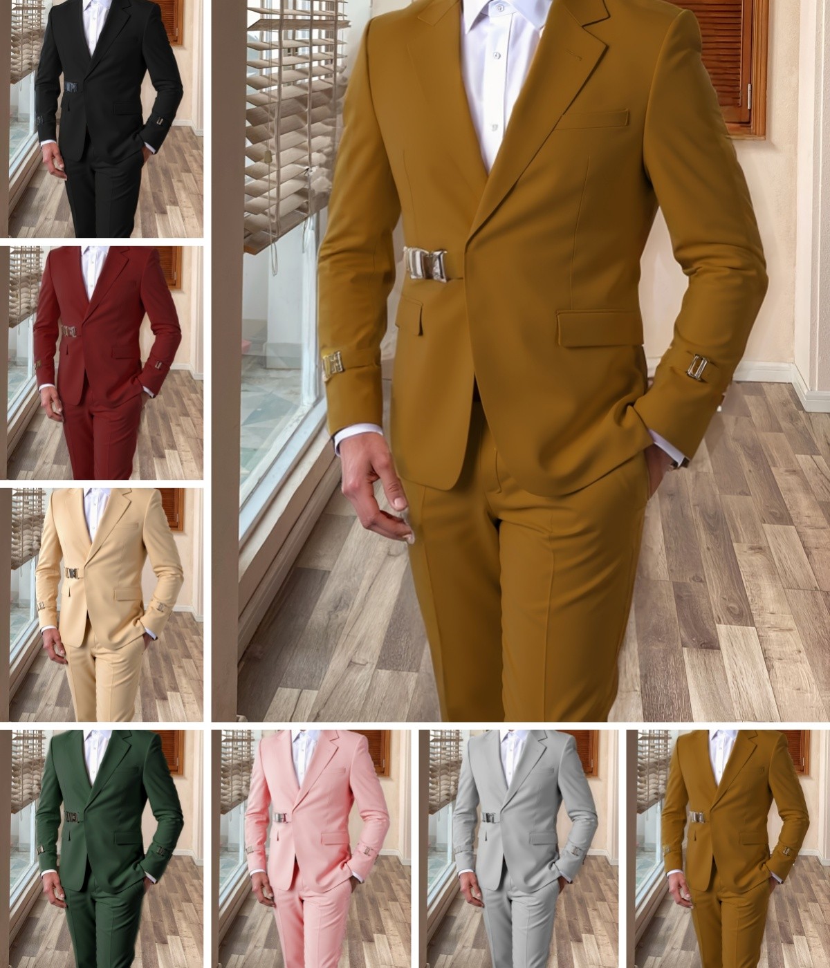 Men's 2Piece Wedding Suit with Metal Buckle Belted Blazer and Pants
