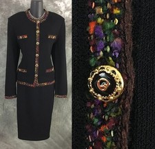BEAUTIFUL St John collection knit black multi jacket skirt suit size 8