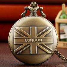Steampunk UK Flag London Men Women Quartz Analog Pocket Watch Necklace Chain