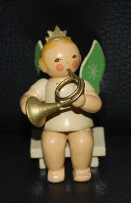Engel mit Horn Tuba Erzgebirge, grüne Flügel Stern v. Franz Karl ( Blank ) Rar