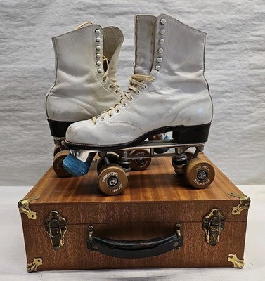 Vintage Hyde Roller Skates Size 9 Sure Grip Plates Womens White Leather W/ Case