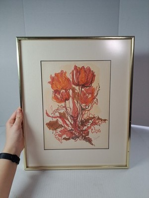 Vintage Framed Watercolor Print Of Orange/Red Tulip Flowers