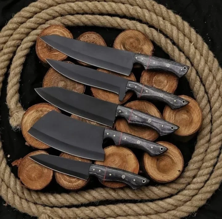 5 PCS Professional Kitchen Knife Set Black Blade Chef Cleaver Santoku Utility