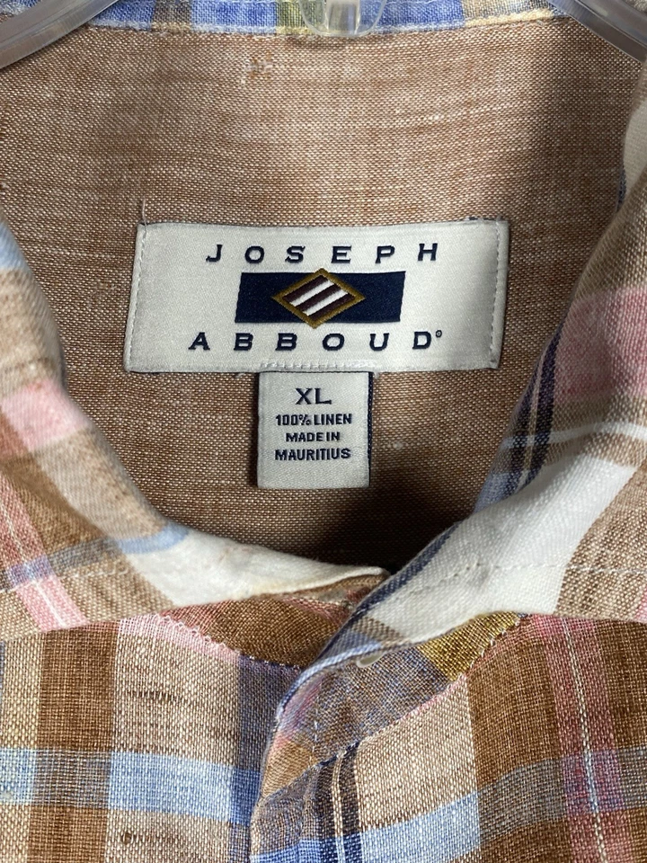 Camisa JOSEPH ABBOUD Para Hombres Tostada/Azul 100% LINO Manga Corta Abotonada Talla XL Foto 3 de 4