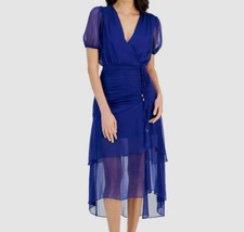 Tahari Asl Women Blue Ruched V-Neck short-Sleeve Chiffon Midi Dress Size 4