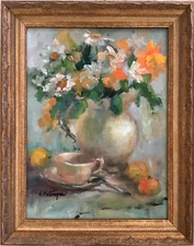 Original Framed Impressionism Oil Art 16”x12 Floral Still Life Signed