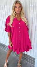 Womens Ladies Gold Button Pleated Frill Summer Shirt Swing Smock Mini Dress Top