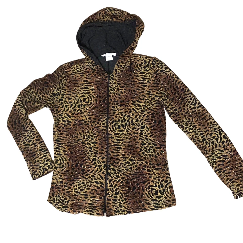 Dressbarn Sudadera con Capucha Marrón Dorado Estampado Animal Cremallera Completa Leopardo Chaqueta Mujer Talla M Foto 3 de 4
