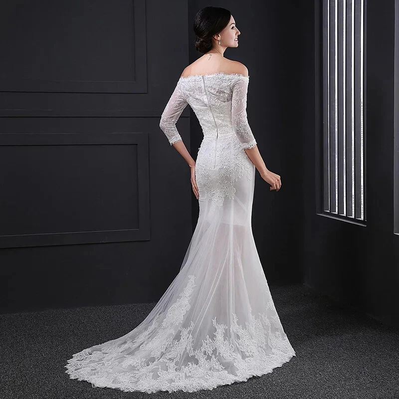Sexy Vestido de Novia Sirena Hombro Descubierto Mangas 3/4 Apliques de Encaje Vestidos de Novia Foto 4 de 4