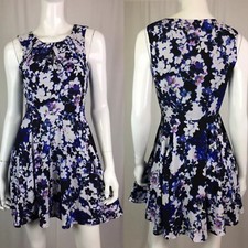 $69 Express 4 Black White Blue Floral Sleeveless Flare Skater Shift Mini Dress