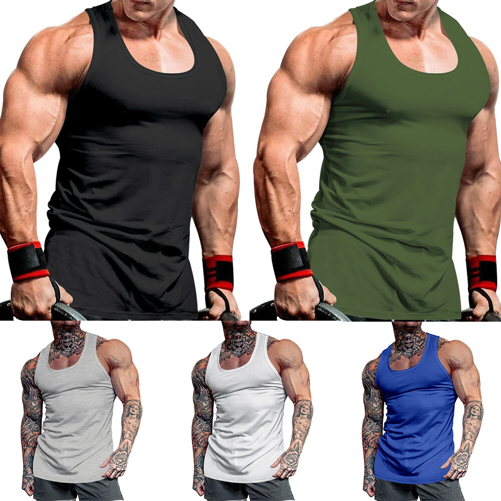 Tank Tops Tees T-Shirt Vest Sport Sleeveless Gym Bodybuilding Fitness Men Musc