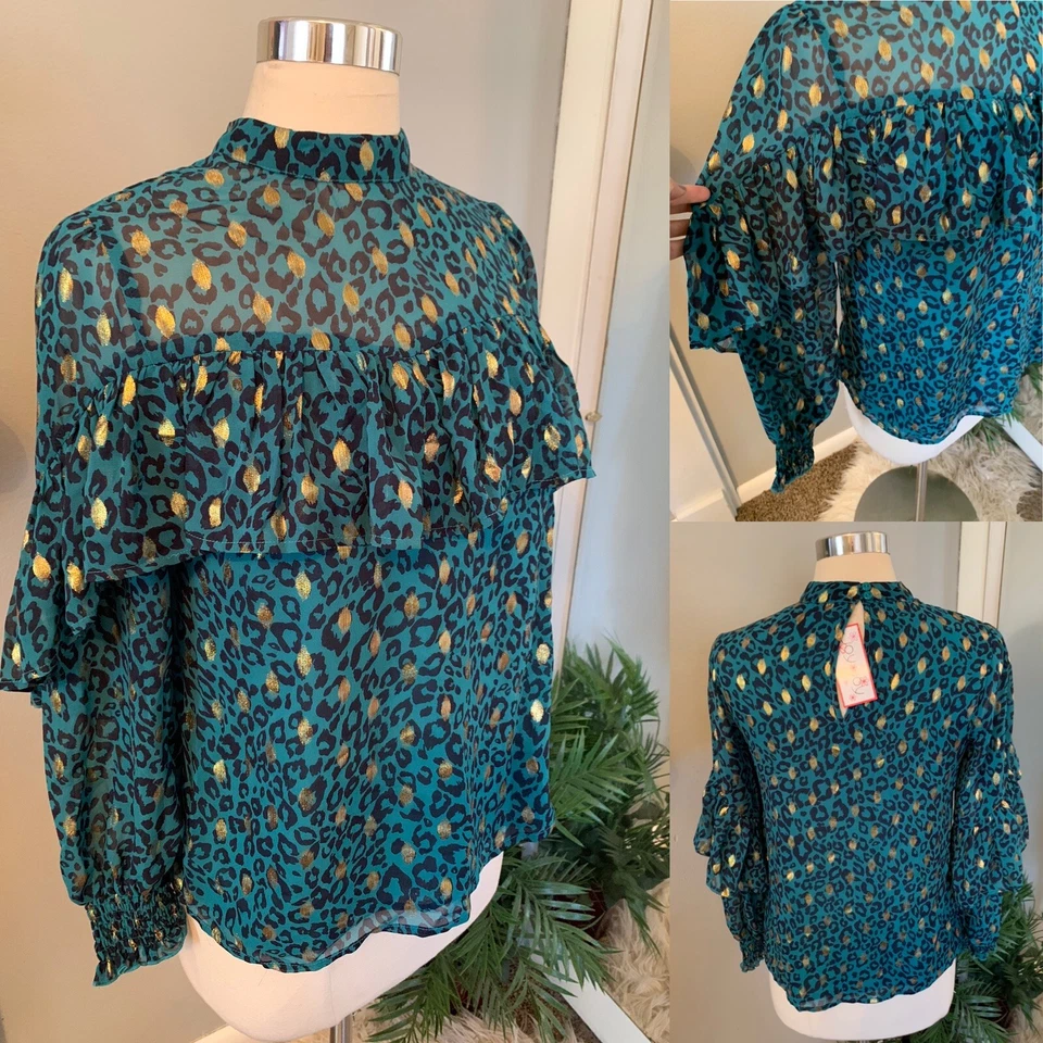 Blusa Cheetah Volantes Cuello Alto Turquesa Dorada Pequeña Nueva con Etiquetas Top
