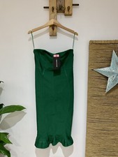 NWT £50 PLT Dark Green Frilled Hem Stretch Bodycon Mini Bandage Dress Size 12