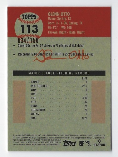2022 Topps Chrome Platinum #113 Glenn Otto RC Speckle Refractor #'d 034/150 - Picture 2 of 2