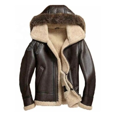 B3 RAF Aviator Men's Hooded Bomber Fur Shearling Real Sheepskin Leather Jacket