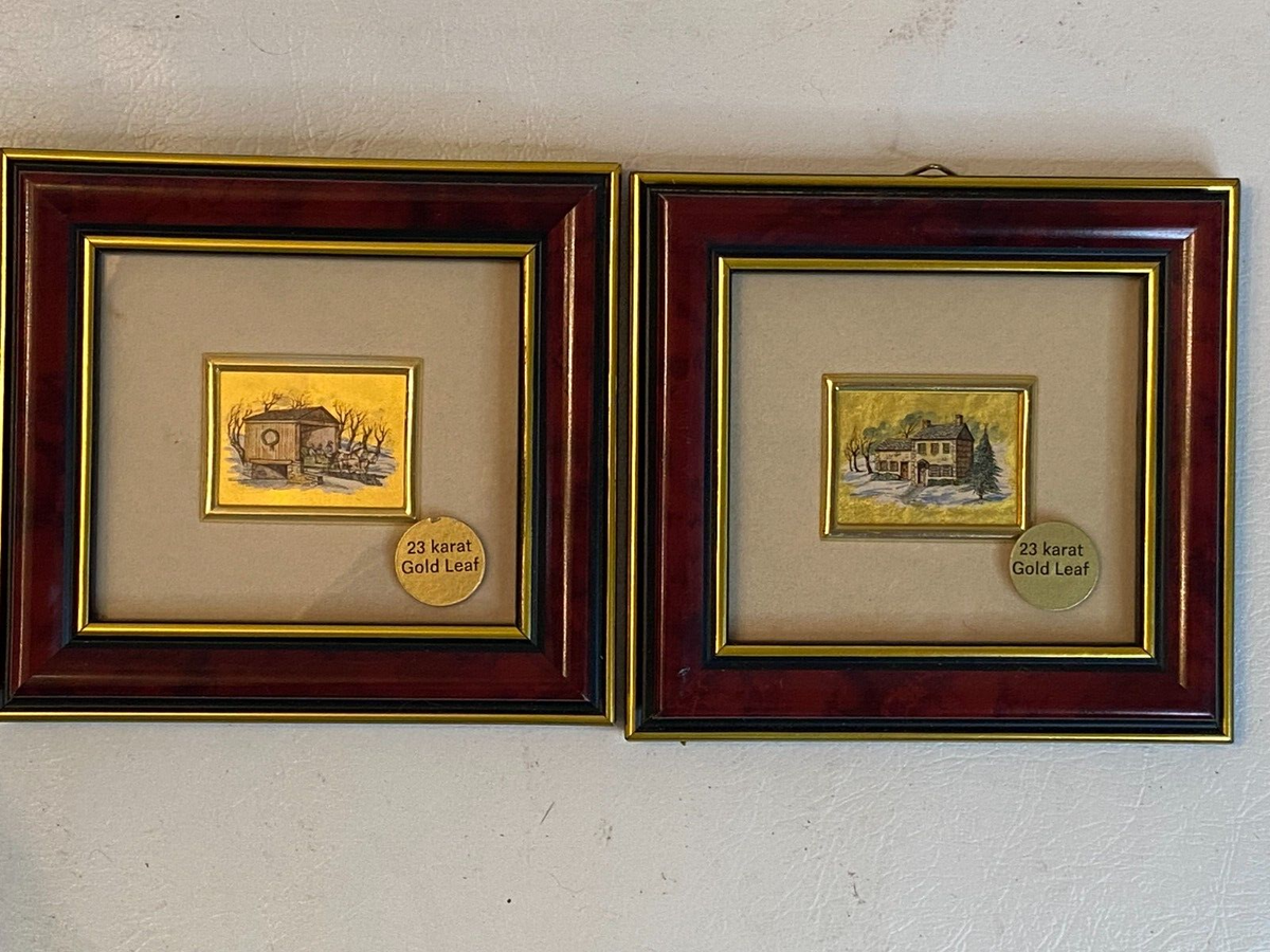 2 Framed 23 Karat Gold Leaf Artistic Landmark Holiday Made Italy