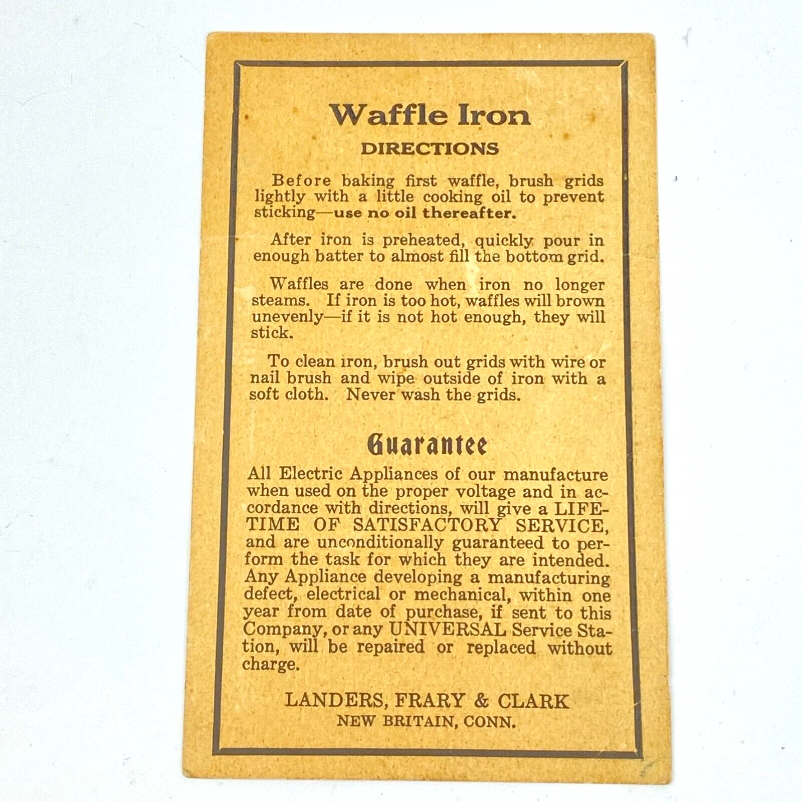 Vintage Waffle Iron Instructions Landers Frary & Clark Card New Britain Conn