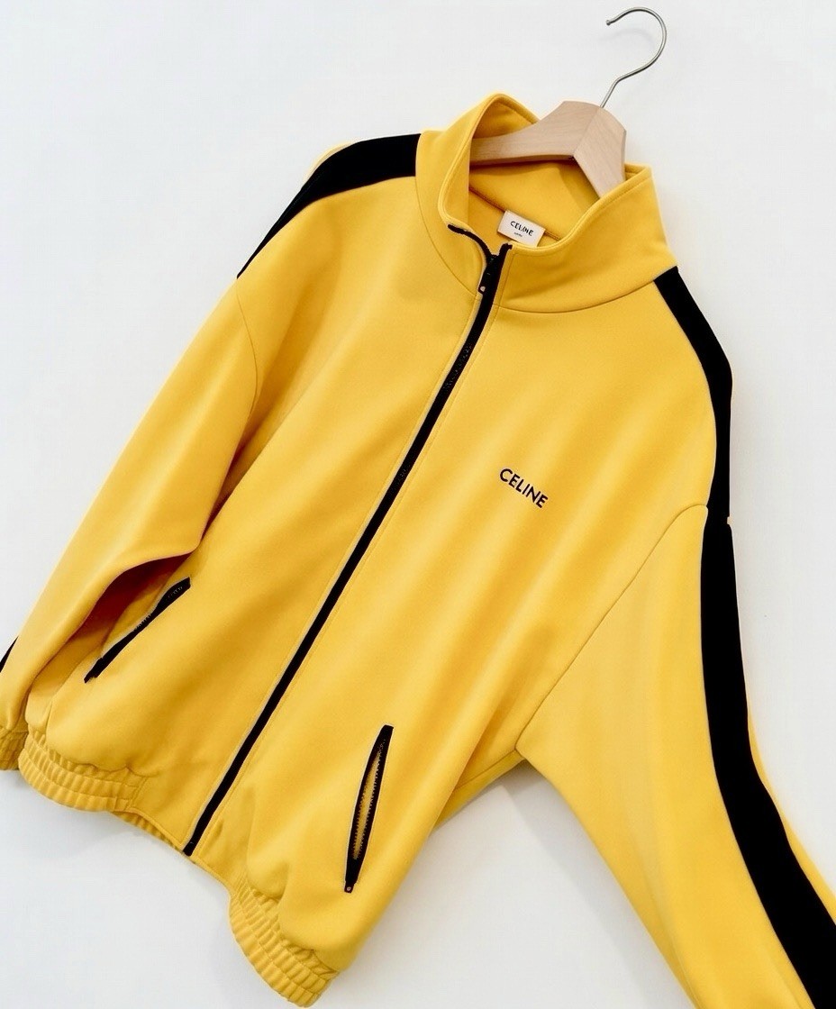 ジャケット・アウター CELINE Yellow Mohair Coat Jacket CELINE Track Jacket Yellow Black Zip-Up 100% Polyester Men's Size