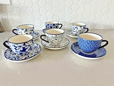 vancasso  6 Mix and Match Blue & White 8oz Cappucino Cups & Saucers. NEW