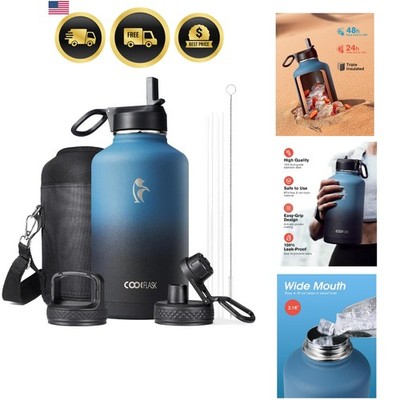 Half Gallon Water Bottle Insulated with Straw & 3 Lids, 64 oz Water Jug Large...