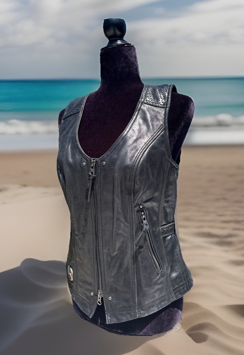 Harley Davidson Women 115th Anniversary Black Leather Vest Small
