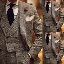 Vintage 3Pcs Men's Suits Houndstooth Wide Peak Lapel Jacket Formal Dinner Coat