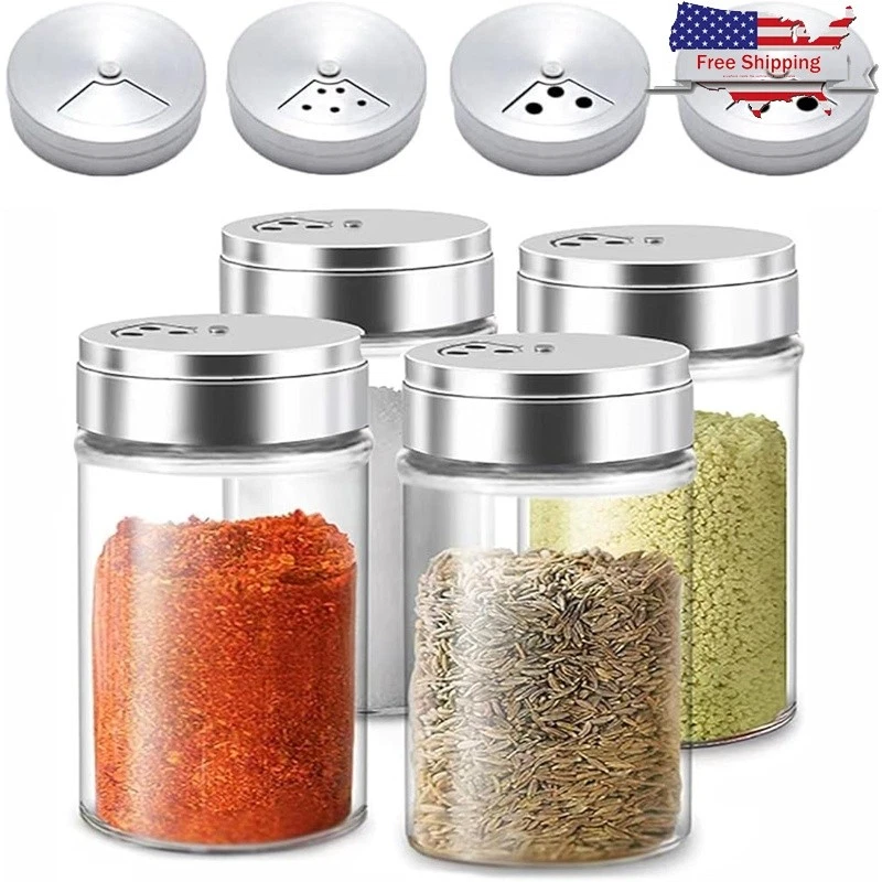Set of 4 Adjustable Salt & Pepper Shakers W/ Stainless Steel Lid Easy to Use