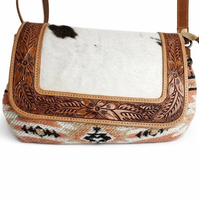 Myra Bag Cowhide Tooled Leather Crossbody Boho Western Aztec Purse