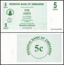 ZIMBABWE 5 Cents BEARER CHEQUE PREFIX AA 2006 P-34 UNC Uncirculated