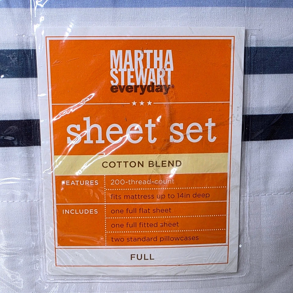 Juego completo de sábanas Martha Stewart Everyday 4 piezas a rayas azul blanco mezcla de algodón NUEVO Foto 2 de 4