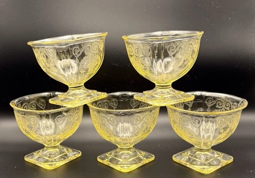 Vintage Indiana Yellow Lorain Basket Footed Sherbet Depression Glass Set of 5