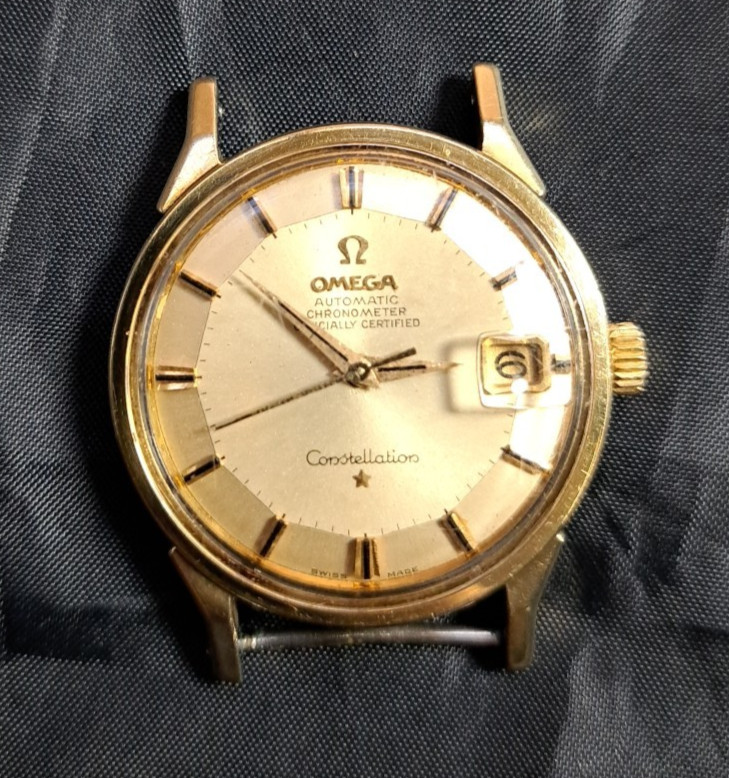 Gold capped VTG Date Pie Constellation Omega Watch Pan 168.005 Stainless Dial - vintagewatches.pk