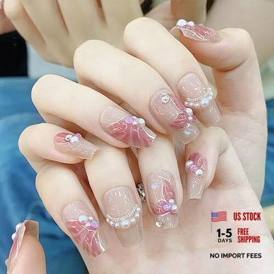 Mermaid False Ballet Shaped Press on Nails Medium Artificial Acrylic Pearl