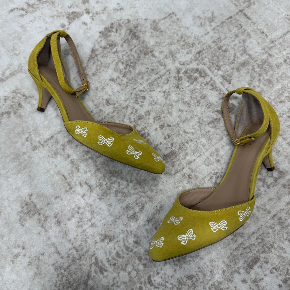 Zapatos Anthropologie Mujer Talla 8 Amarillo Correa al Tobillo Tacones Arco Bordado Foto 4 de 4