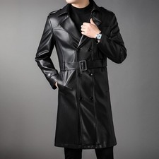 Men Slim Fit Genuine Leather Jacket Long Sheepskin Windbreaker Plush Thick Coat