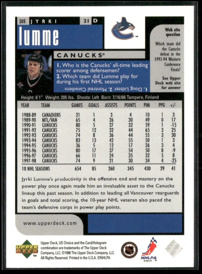 1998-99 UD CHOICE JYRKI LUMME VANCOUVER CANUCKS #205 - Image 2 of 3