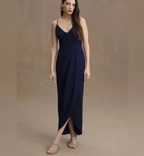 BHLDN V-Neck Faux-Wrap Stretch Crepe Midi Dress Midnight Blue Size 4 A001553