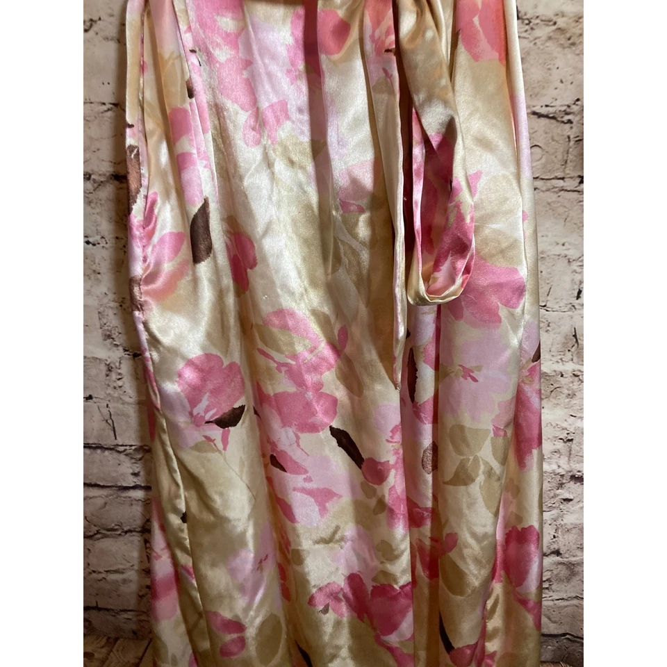 Floral Satin Kimono Robe Pink Brown Lace Trim Long Sleeve Wrap Belted One Size - Image 2 of 4