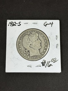1912 S Barber Half Dollar Coin 50 Cent Silver Coin
