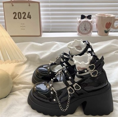 Black Platform Block Heels with Straps, Chains, Studded, Bow, Buckle Accents