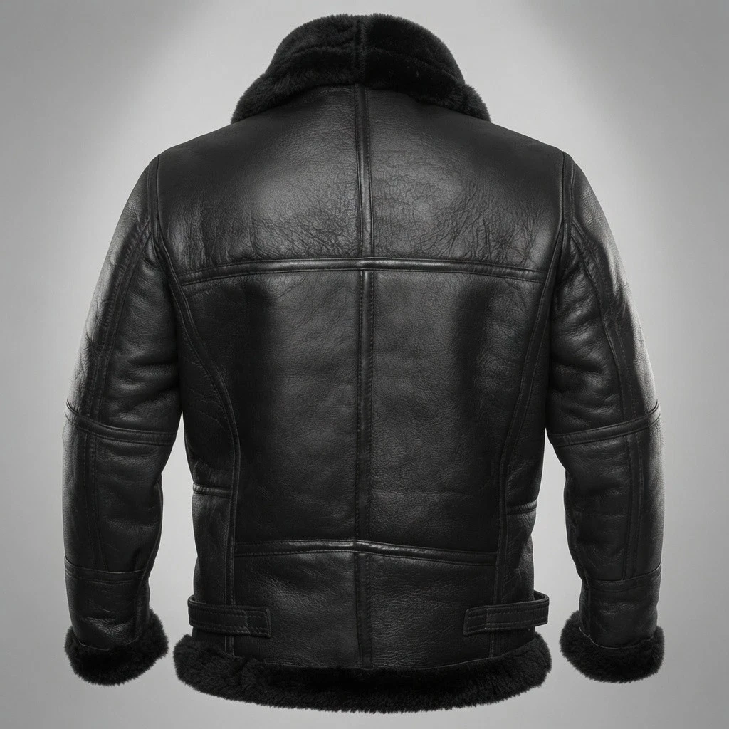 Mens B3 Black Bomber Real Shearling Sheepskin Aviator Flight Leather Jacket USA image 3