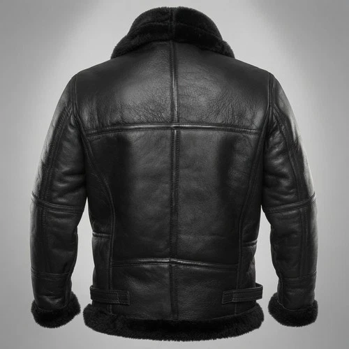 Mens B3 Black Bomber Real Shearling Sheepskin Aviator Flight Leather Jacket USA image 3