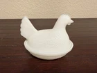 Vintage Hazel Atlas White Milk Glass Hen Chick on Nest Basket Weave Base Mini