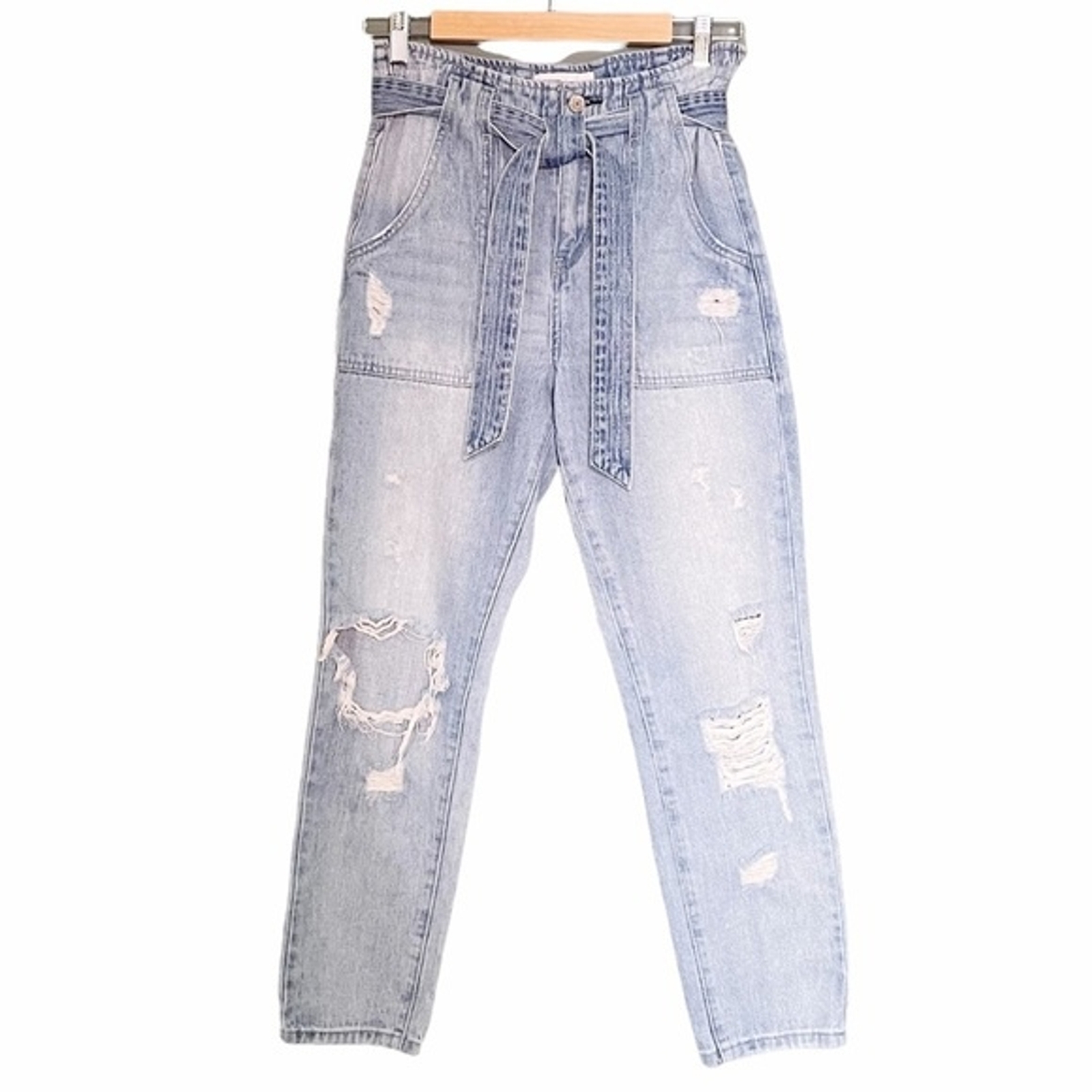 Vervet Mom Jeans Acid Wash Tie-Waist Paper Bag Distressed Denim Women’s Size 26-image