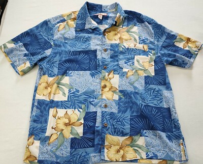 Caribbean Joe XL Floral Tropical Yellow Flowers Blue Hawaiian Aloha Shirt