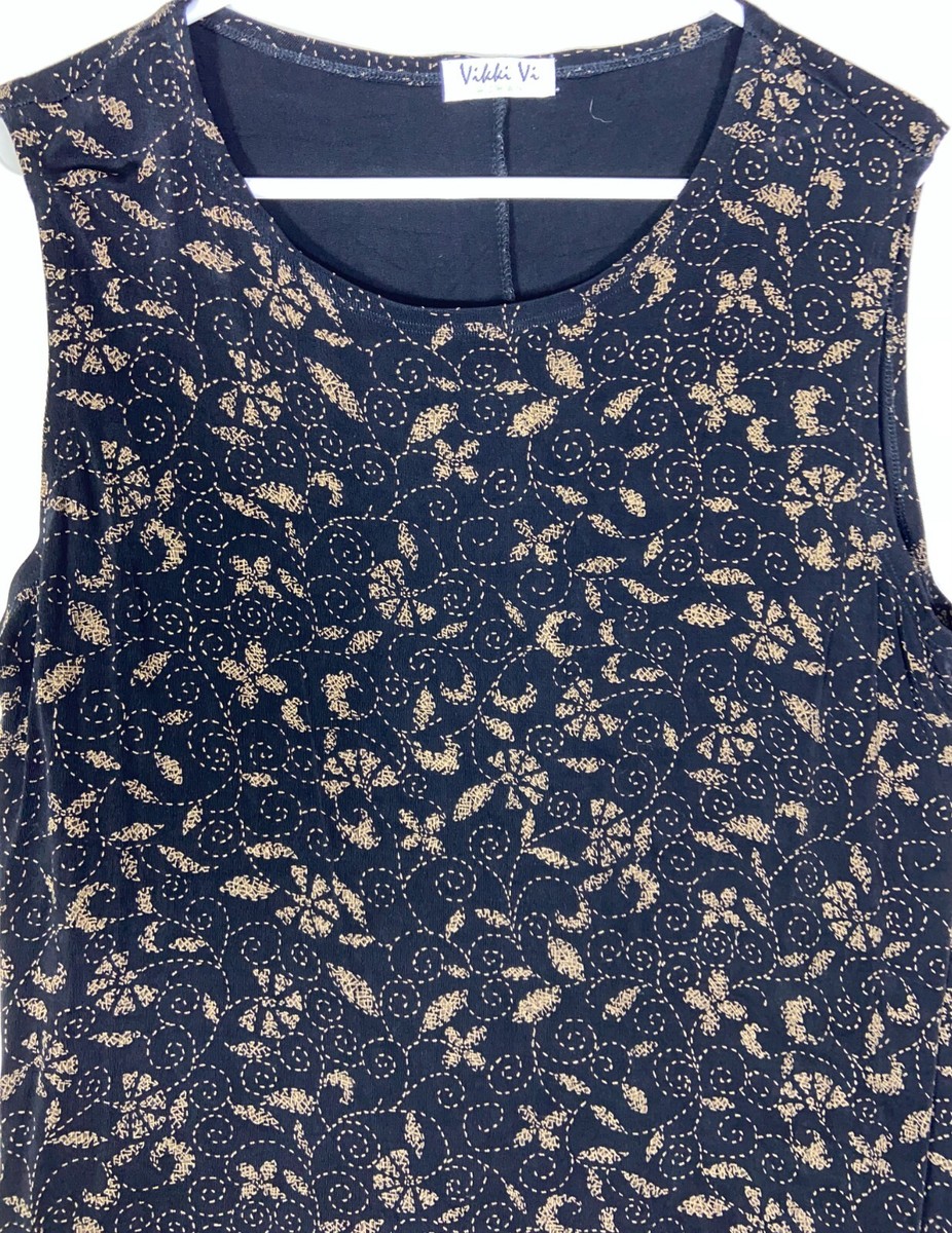 Vikki Vi Tank Top Black Floral Sleeveless Plus Size 1X Round Neck