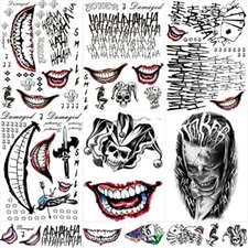 12 Sheets Joker Tattoos Temporary Halloween Stickers for Halloween Costumes
