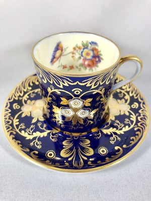 A RARE AYNSLEY ROYALTY CUP & SAUCER COBALT BLUE GOLD ROSES ART DECO DEMITASSE  