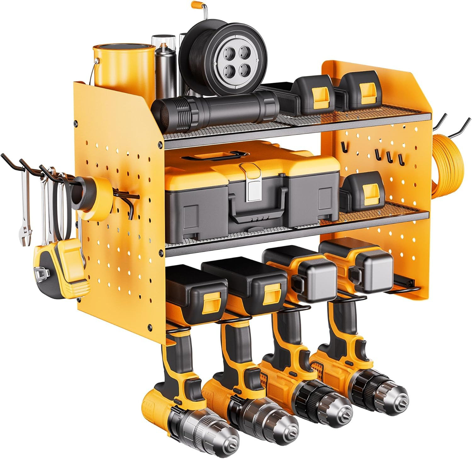 3-Layer Wall Mount Power Tool Organizer with Side Pegboards for Drills and Accessories
